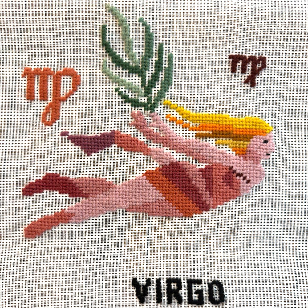 Vintage Dritz Preworked Needlepoint Canvas Virgo Zodiac Series Astrology Kitschy